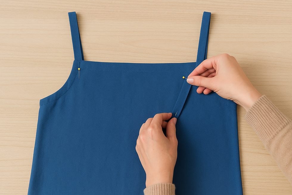 Vestido azul extendido sobre mesa mientras una mujer sujeta los tirantes con alfileres antes de coserlos.