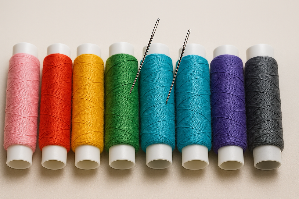 Carretes de hilo de poliéster y algodón de varios colores usados para coser diferentes tejidos.