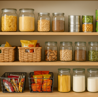 Despensa con estantes de madera organizados por categorías: tarros de cristal con cereales y legumbres, latas apiladas, cestas con snacks y botellas de aceite.
