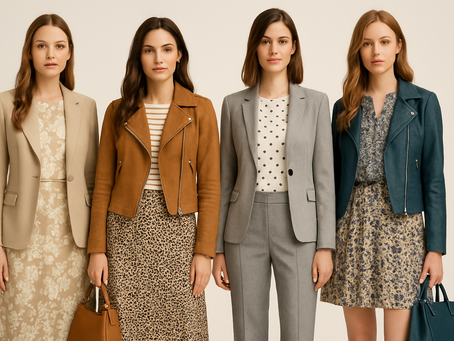 Cuatro modelos delgadas posan en horizontal con looks elegantes que combinan distintos estampados —flores, leopardo, lunares y floral azul— armonizados con prendas neutras como blazers beige, gris y azul petróleo.