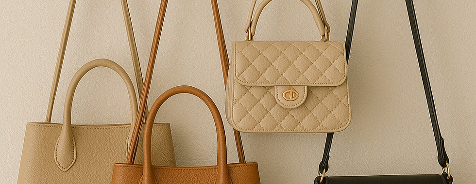 Bolsos colgados en perchero de pared de madera clara