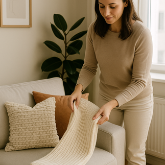 Salón acogedor con manta y cojines en tonos neutros