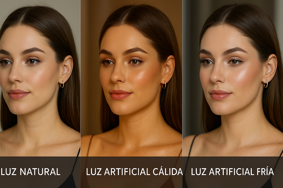 Comparativa del efecto del iluminador bajo luz natural, luz artificial cálida y luz artificial fría.