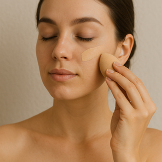 Modelo aplicando BB Cream con brocha para lograr un efecto de segunda piel.