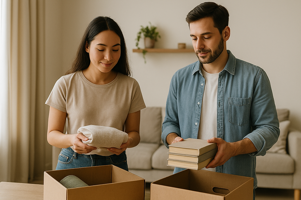 Pareja seleccionando objetos para donar, practicando un estilo de vida más simple