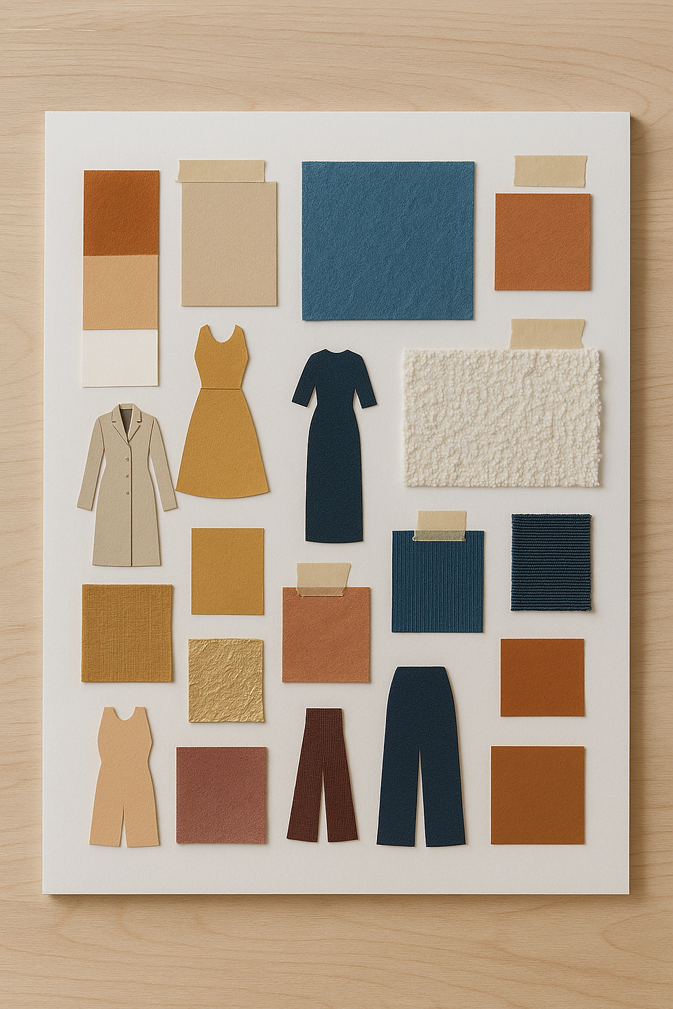 Moodboard de moda con paleta de color, materiales y siluetas que definen la colección.