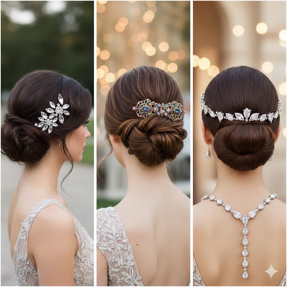 Tres vistas posteriores de peinados recogidos formales (moños bajos) adornados con joyería brillante: un broche lateral de cristales en forma de flor, un pasador central con piedras de colores y una tiara de diamantes colocada sobre un moño pulido.