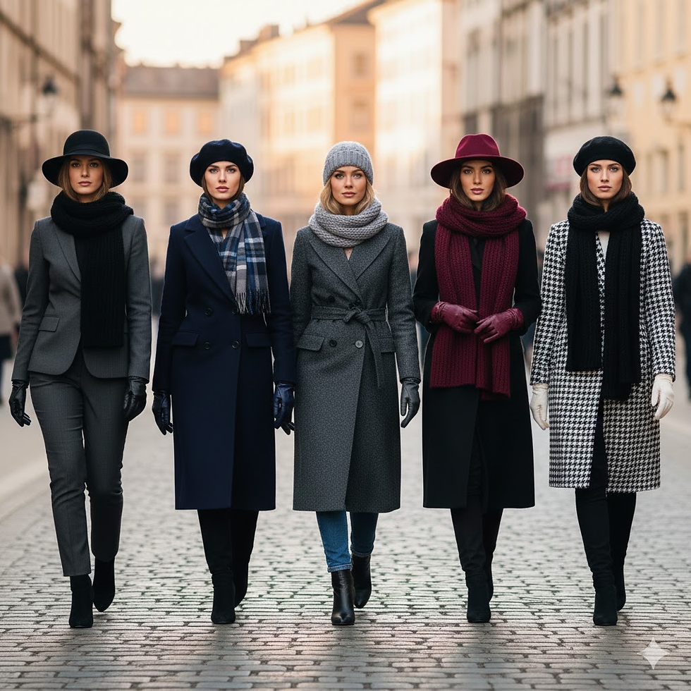 Cinco mujeres vestidas para la oficina con un estilo "Power Dressing". Incluye trajes sastre, abrigos azul marino, gris marengo y de pata de gallo, complementados con sombreros de ala ancha, boinas y bufandas oscuras.