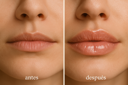 Comparativa de labios finos antes del maquillaje y más gruesos después de aplicar los trucos.