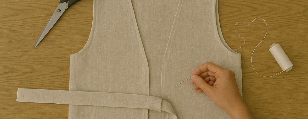 Chaleco sin mangas hecho a mano con retal de lino beige y cinturón de tela.