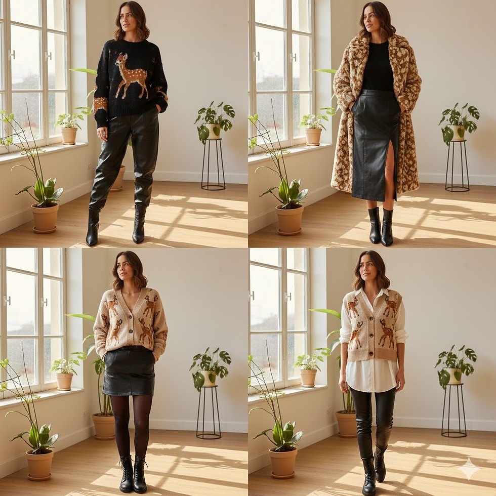 Estilo urbano y moderno: combinaciones de prendas de punto con estampado de cervatillo y ropa de cuero negro, como pantalones tipo slouchy, faldas midi y leggings de efecto piel.