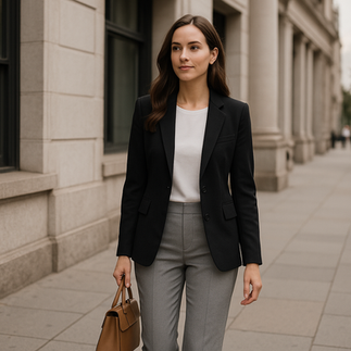 Mujer con pantalón gris, blusa blanca y blazer negro caminando en un entorno urbano.