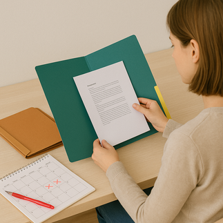 Mujer revisando carpetas y papeles junto a un calendario para mantener la organización mensual en casa.