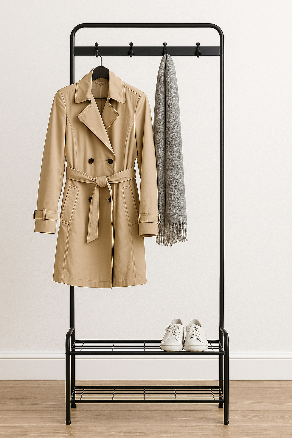 Perchero de metal negro con balda zapatero y barra superior para perchas, ideal para recibidor pequeño, con abrigo beige y bufanda gris.