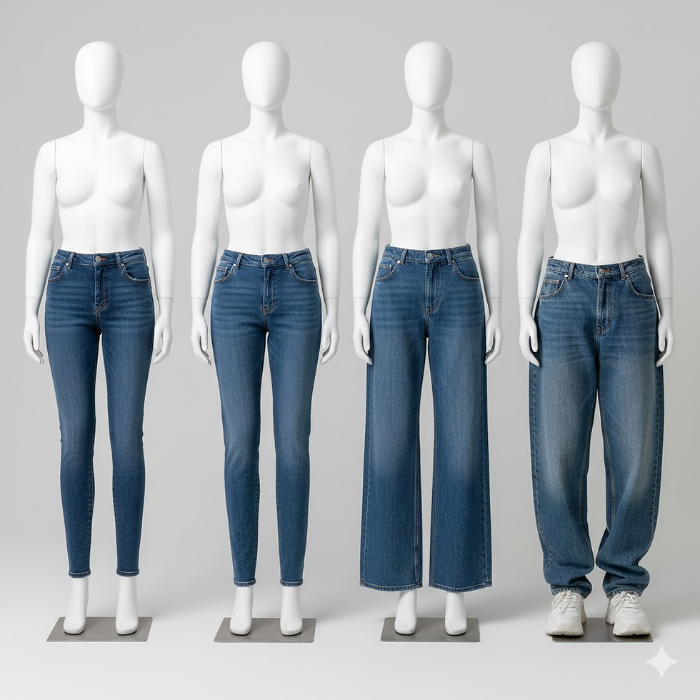 Comparativa visual de cuatro maniquíes que muestran la evolución de la silueta del pantalón de mezclilla: desde el corte skinny y el relaxed fit, hasta el wide leg y el volumen exagerado del pantalón baggy.