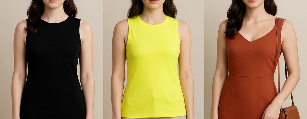 Comparación de colores en moda: a la izquierda, una modelo con vestido negro puro y prenda en amarillo neón que apagan el rostro; a la derecha, la misma modelo con vestido terracota y accesorios dorados que favorecen su piel clara y cabello oscuro.