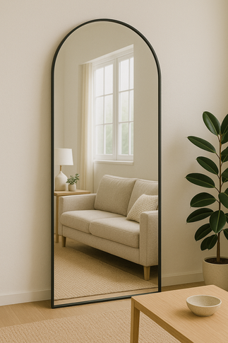 Espejos decorativos grandes con marco blanco envejecido en un salón acogedor, reflejando sofá beige, lámpara y ventana con cortinas claras.