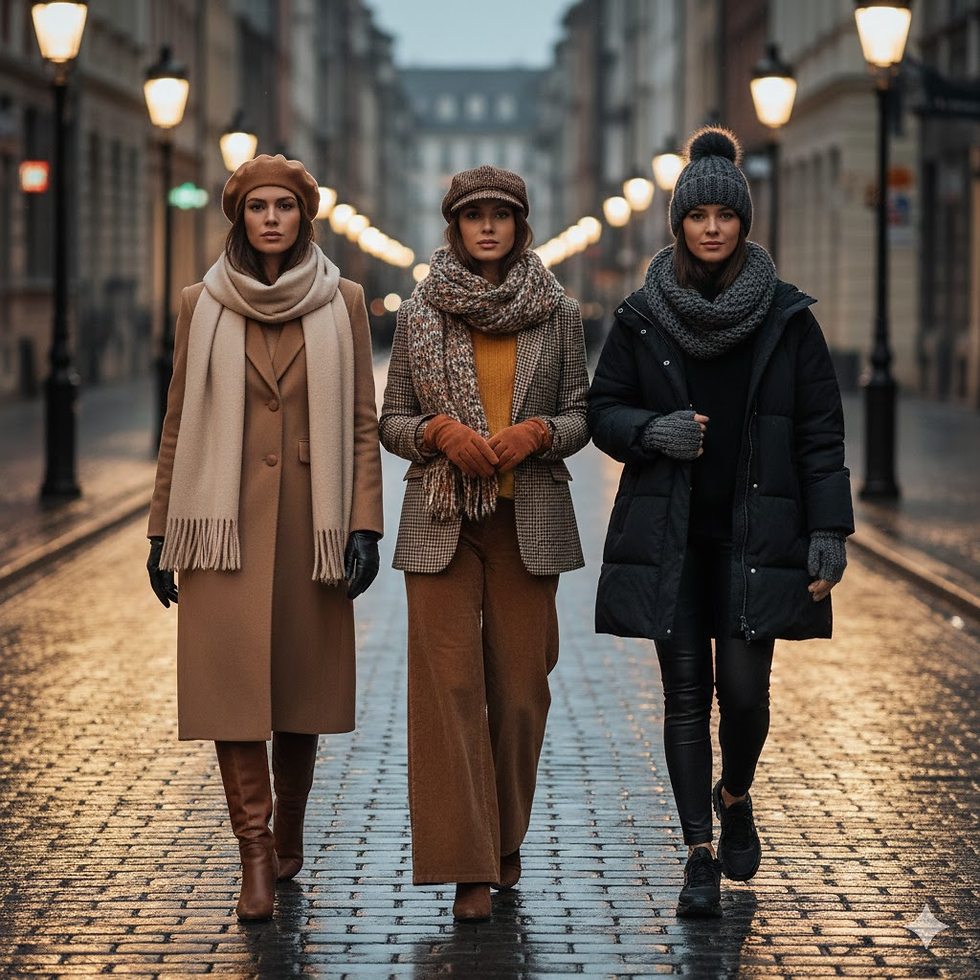 Tres mujeres caminan juntas luciendo accesorios coordinados: una boina camel con abrigo a juego, una gorra de tweed con chaqueta de cuadros y un beanie gris con un plumífero negro.