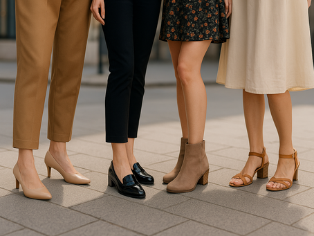 Cuatro mujeres mostrando diferentes estilos de zapatos cómodos que estilizan las piernas: tacones nude en punta, mocasines negros, botines beige y sandalias marrones de tacón bloque.