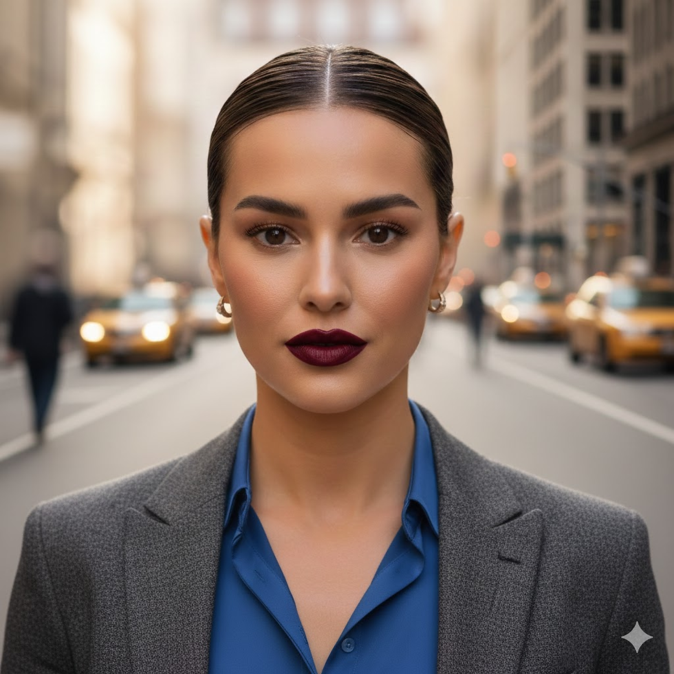 Retrato de mujer con maquillaje profesional para oficina, destacando unos labios en tono burdeos sofisticado, piel impecable y peinado recogido elegante.