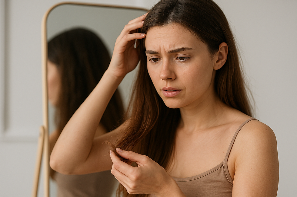 Mujer con cabello castaño observando sus puntas frente al espejo, evaluando su estado capilar en un ambiente natural y luminoso