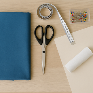 Tela azul doblada junto a tijeras, cinta métrica, alfileres y elástico, preparados para confeccionar una falda circular.