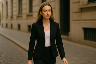 Blazer corto negro que estiliza la figura en mujer bajita.