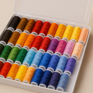 Kit grande de 60 hilos de colores vivos y brillantes para costura DIY, organizado en caja blanca sobre mesa.