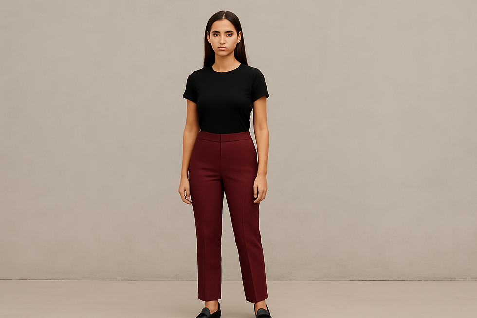 Mujer posando con un pantalón básico recto en color granate, combinándolo con camiseta negra.