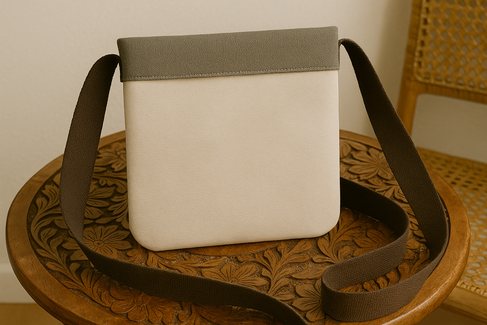 Bolso bandolera de tela acabado, colocado sobre una mesa decorativa.