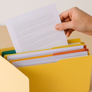 Mano colocando un documento en carpeta clasificadora con separadores de colores para organizar papeles.