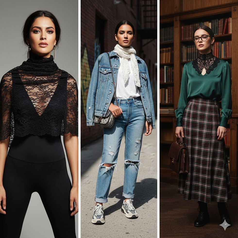 Tres looks de moda con encaje: a la izquierda, una mujer con un top de encaje negro sobre prendas básicas; al centro, un estilo urbano con pañuelo de encaje blanco, chaqueta vaquera y jeans rotos; a la derecha, un estilo intelectual con cuello de encaje negro, blusa verde satinada y falda de cuadros.