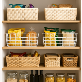 Despensa organizada con estantes de madera, cestas de mimbre y metálicas que almacenan snacks y alimentos secos, junto a tarros de cristal y botellas alineadas.