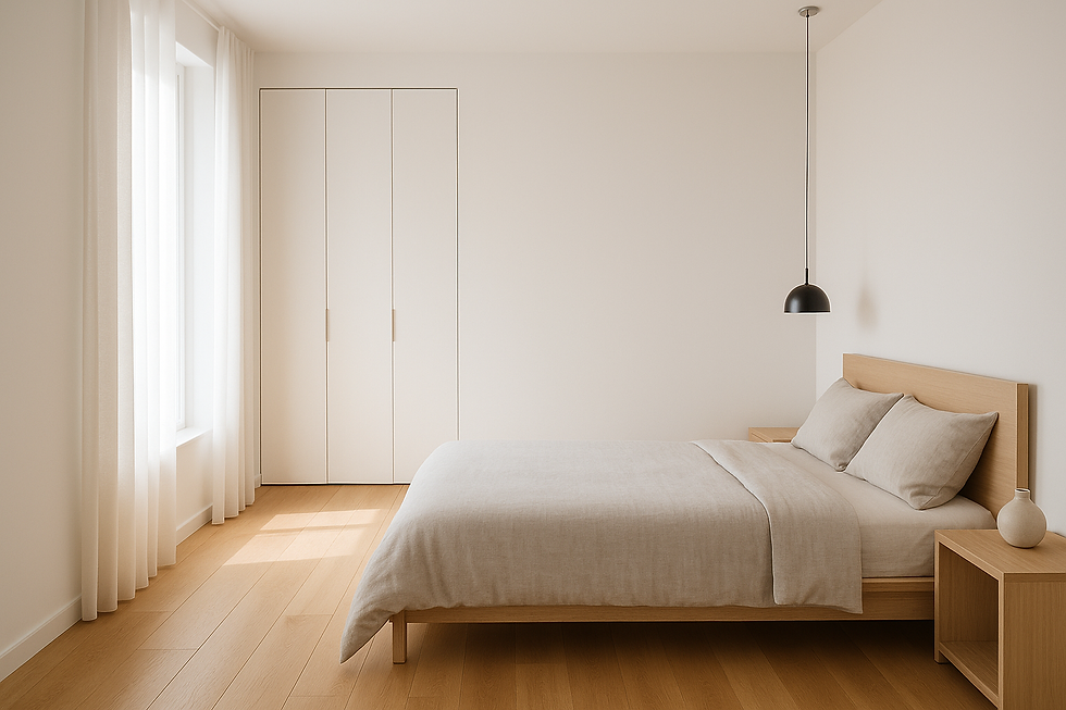 Dormitorio moderno minimalista con cama baja, ropa de cama gris clara y lámparas de diseño, decoración funcional con luz natural y líneas puras.