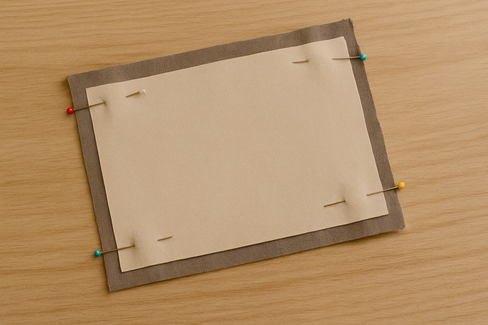 Rectángulos de tela unidos con alfileres antes de coser.