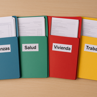 Carpetas clasificadoras con etiquetas de Finanzas, Salud, Vivienda y Trabajo para ordenar documentos en casa.