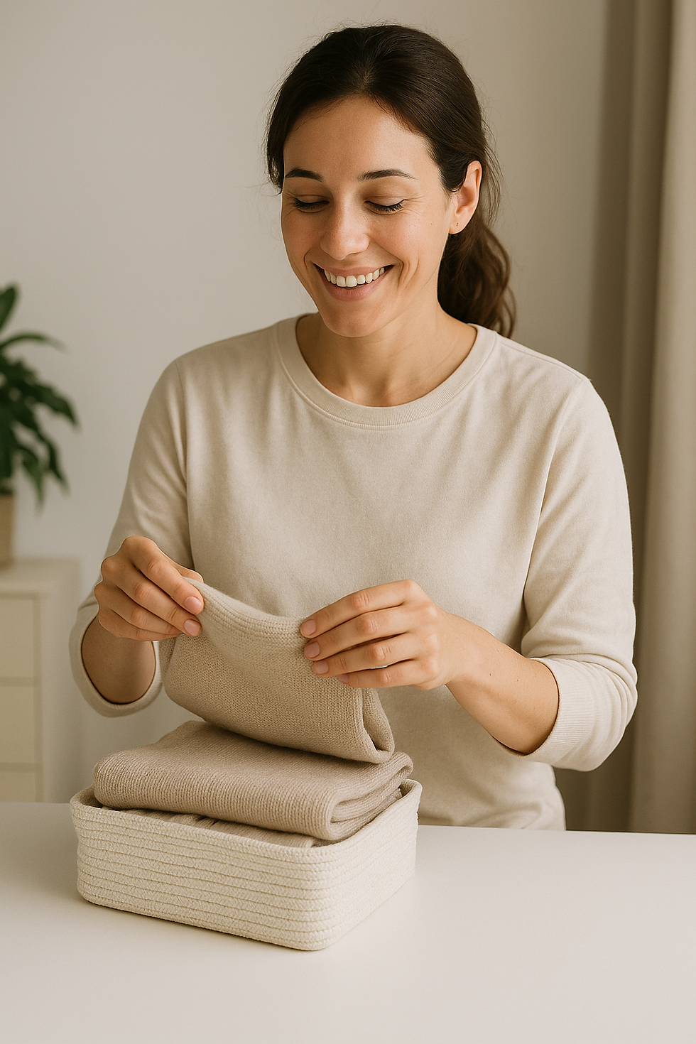 Mujer sonriendo mientras dobla ropa y la guarda en una cesta de tela, en un ambiente limpio y ordenado.