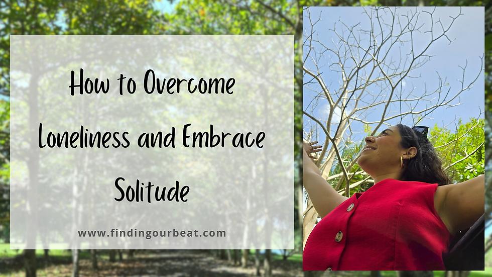 Woman in red top joyfully raises arms under bare tree. Text: "How to Overcome Loneliness and Embrace Solitude." Green forest background.