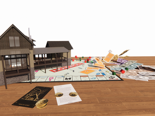 HODL House on a Monopoly board (this image was modeled and rendered by a human being)