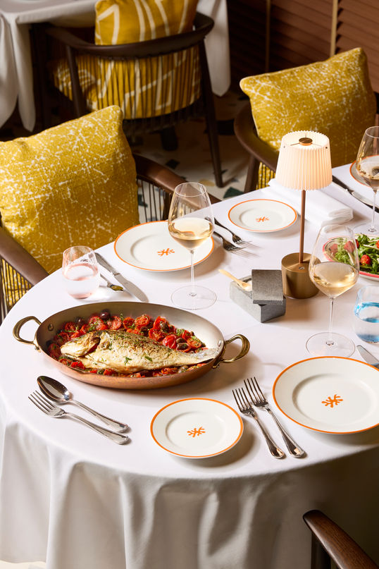 Elegant dining table with fish dish and wine.
