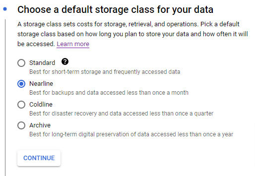 Google Cloud Storage Bucket, storage class, standard, nearline, coldline, archive