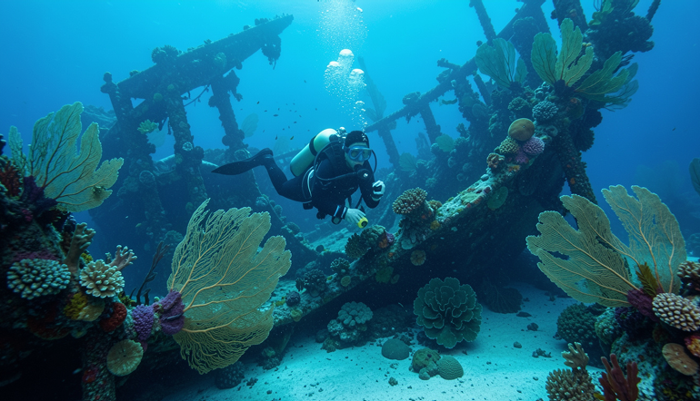 Diver exploring a shipwreck during a Curaçao underwater tour surrounded by coral reefs and marine life