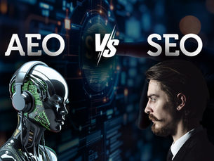 Striking comparison between an advanced, metallic humanoid robot (representing AEO and AI-driven search) and a man in a business suit (representing traditional SEO), with the text "AEO Vs SEO" above them.