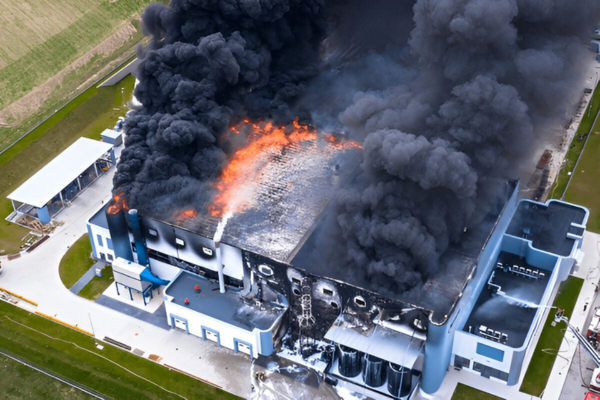 Aerial view of a blue industrial building on fire, with black smoke and orange flames above. Grass surrounds the structure, conveying urgency.