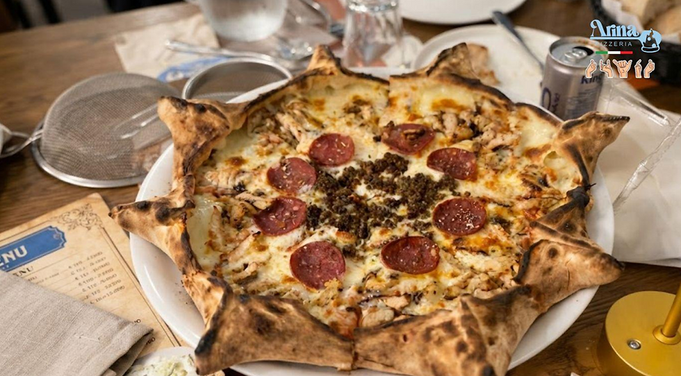 Freshly baked pizza made with a perfectly prepared pizza dough and quality ingredients at Arina Pizzeria.