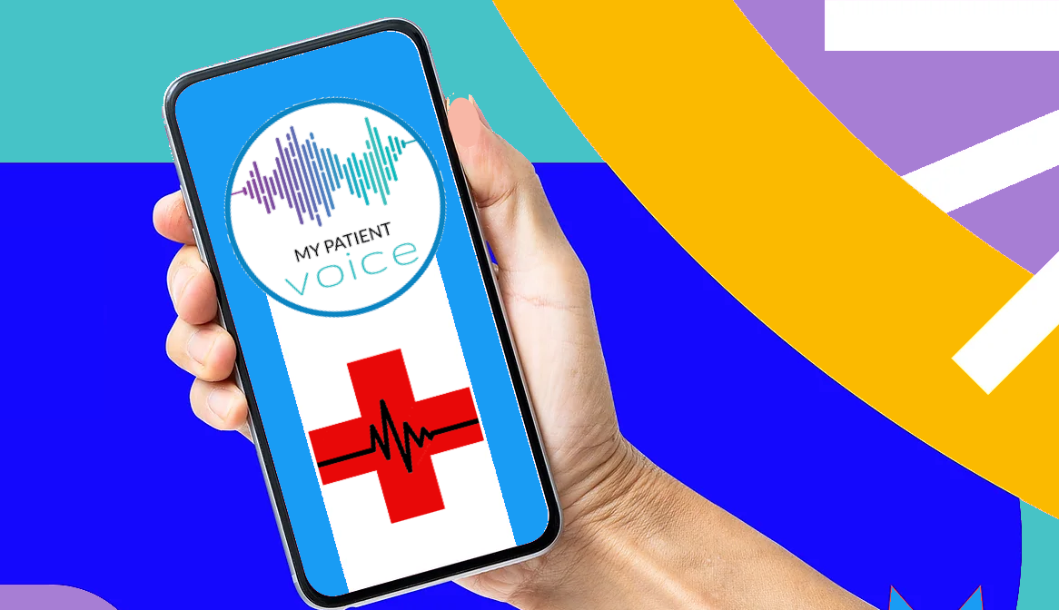 Human hand holding a mobile phone displaying a My Patient Voice logo