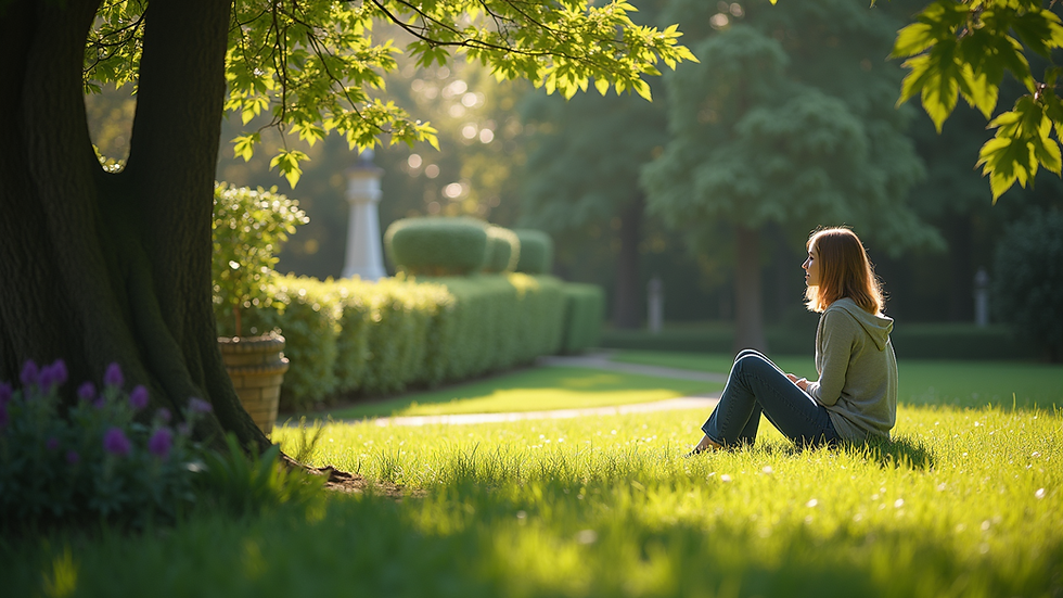 Eye-level view of a person sitting quietly in a peaceful garden