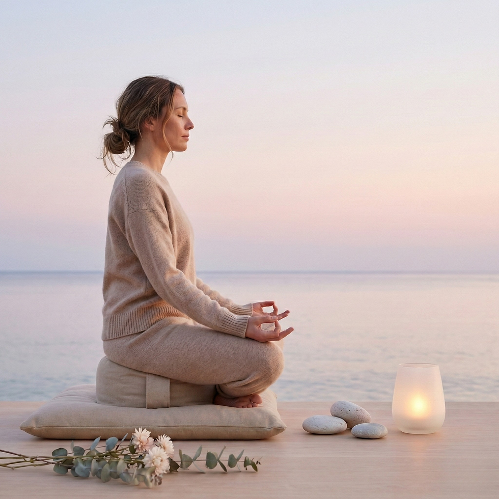 Woman meditating by the ocean at sunset. Seated on a cushion, surrounded by flowers, stones, and a glowing candle. Serene atmosphere.