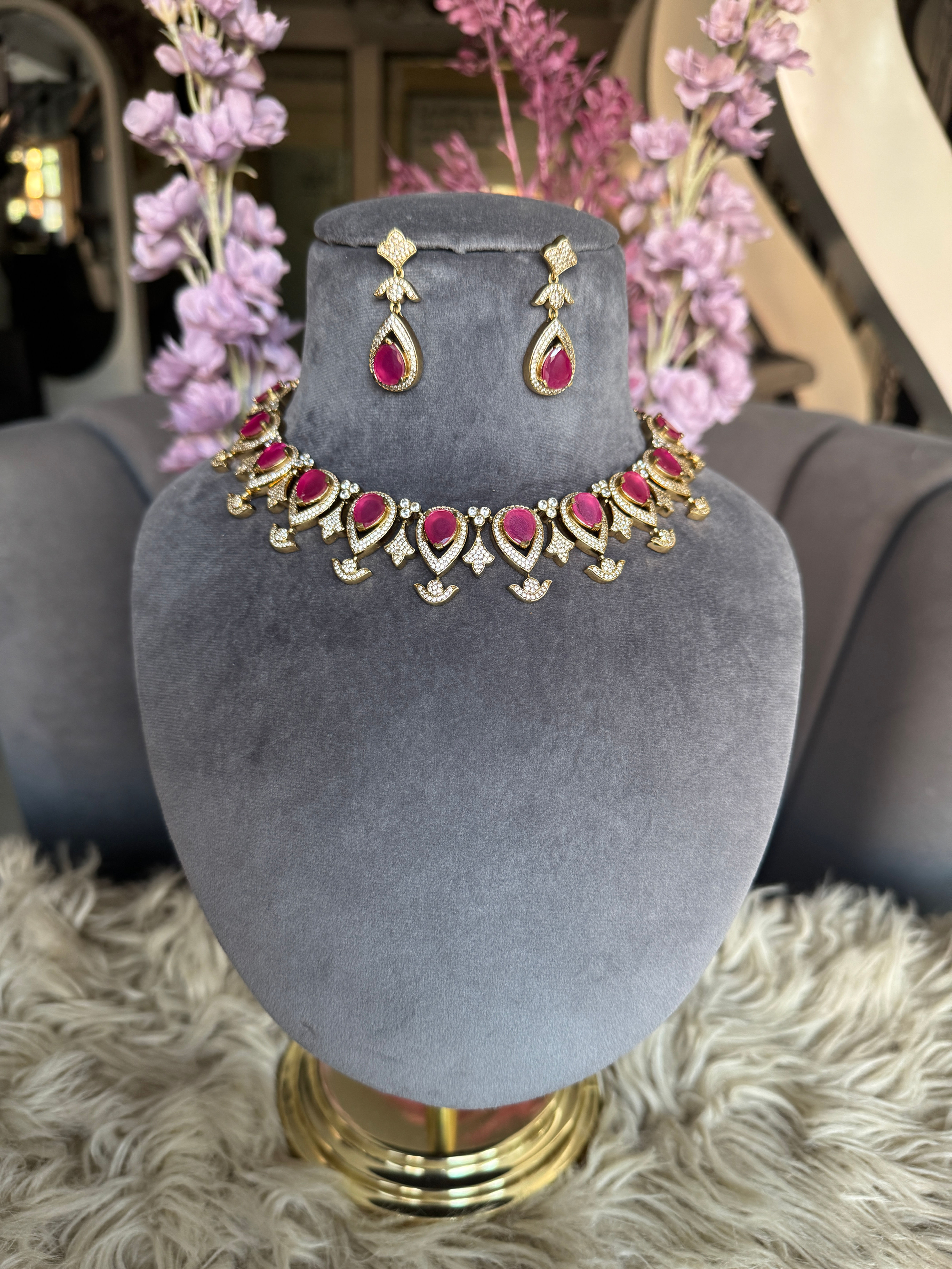 Ruby Bloom Traditional Stone Necklace Set