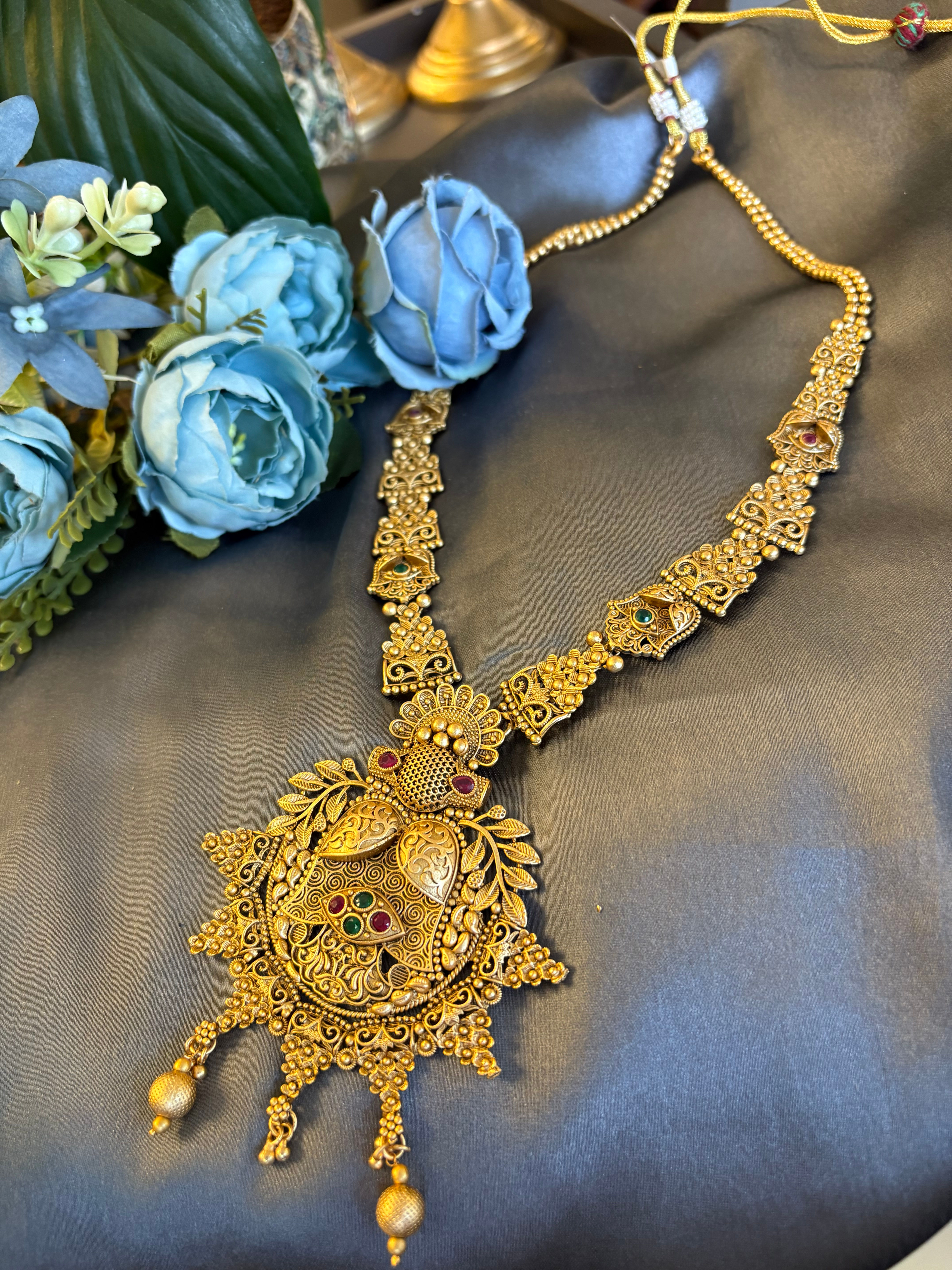 Antique Temple Peacock Pendant Necklace Set
